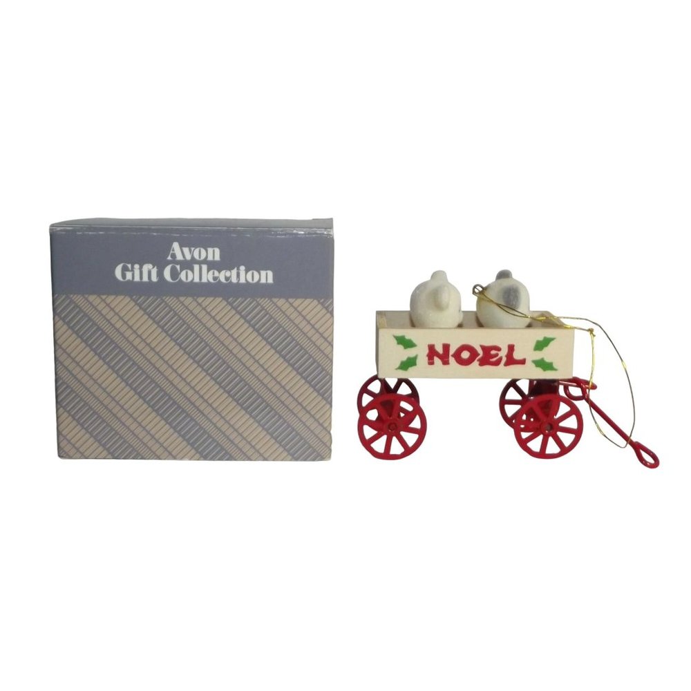 Vtg Avon Teddy Teddies in Wagon Christmas NOEL Ornament Collection 3"
